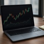 A laptop displaying a financial chart on a wooden desk with a stack of dollar bills beside it.