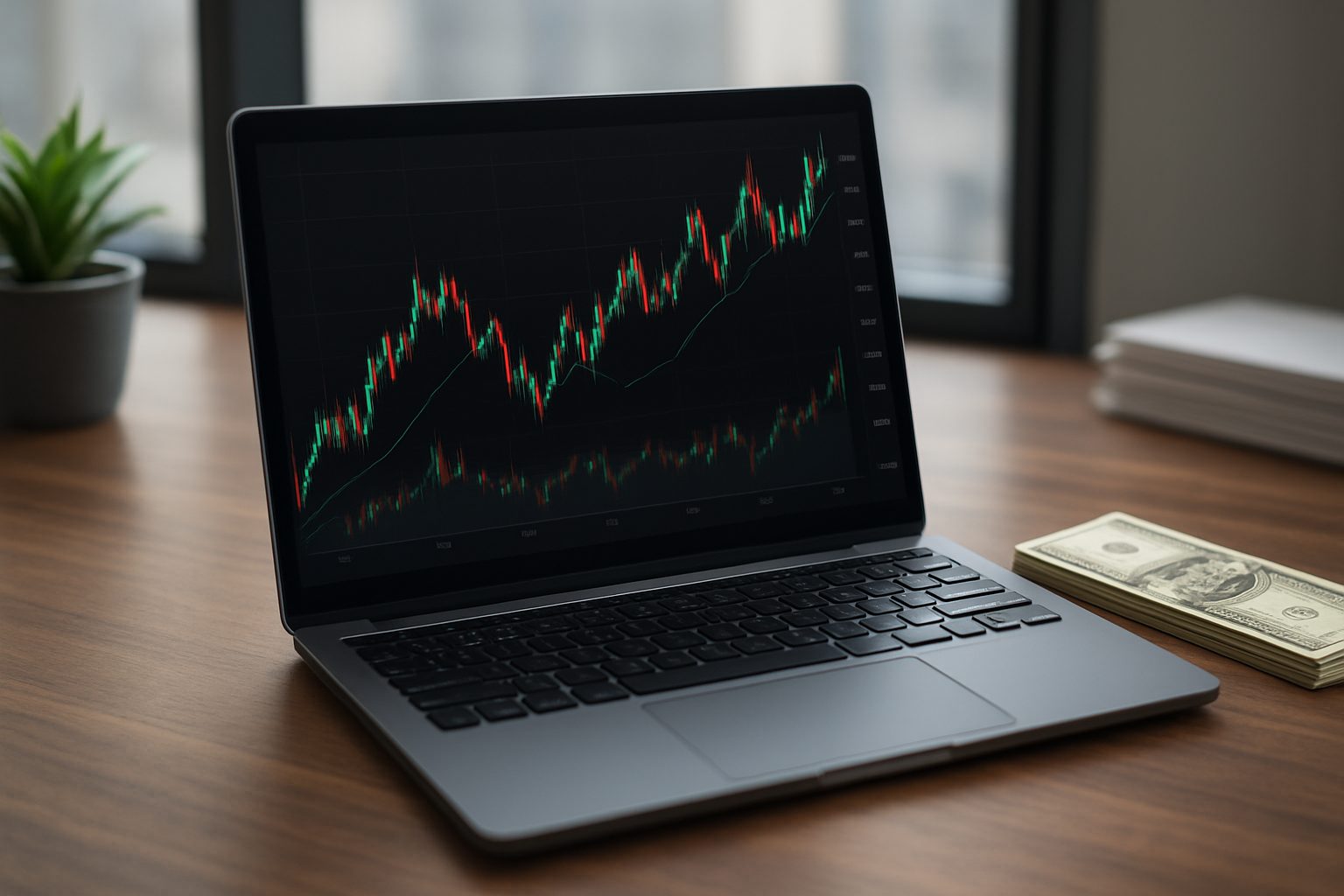 A laptop displaying a financial chart on a wooden desk with a stack of dollar bills beside it.