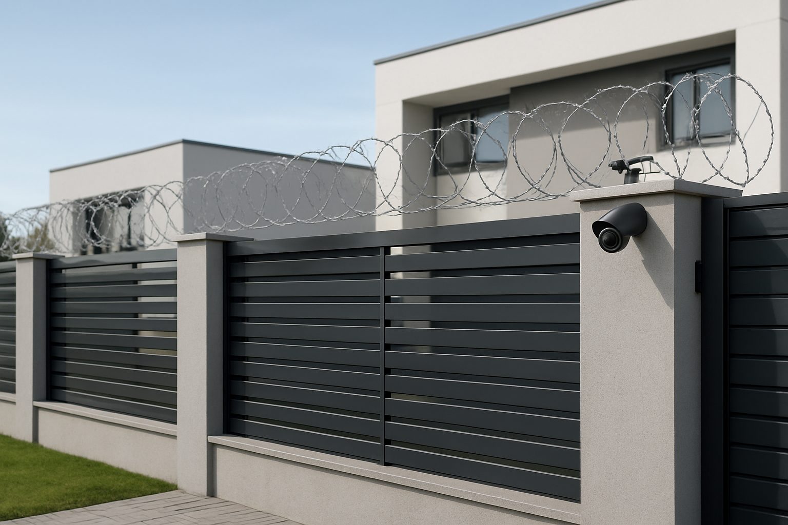 A modern fence with barbed wire and a security camera, emphasizing property security and value.