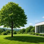 A healthy, large tree standing on a manicured lawn beside a modern house, showcasing the benefits of tree care in reside